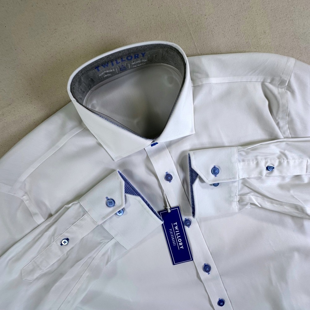 Twillory Performance White Slim Fit Dress Shirt 16 34/35 Blue Buttons NWT